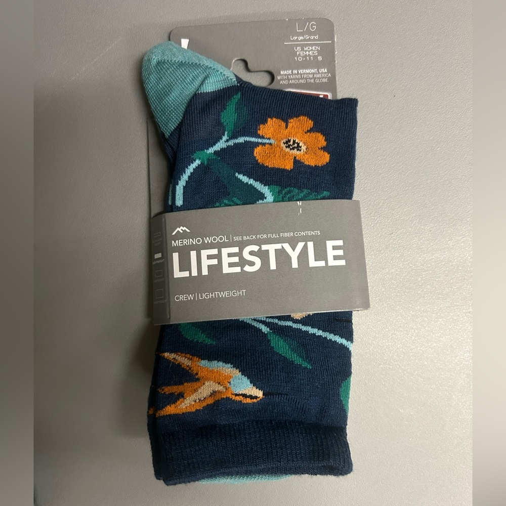 Merino Wool Crew Socks with Flowers and Birds Blue and Orange
